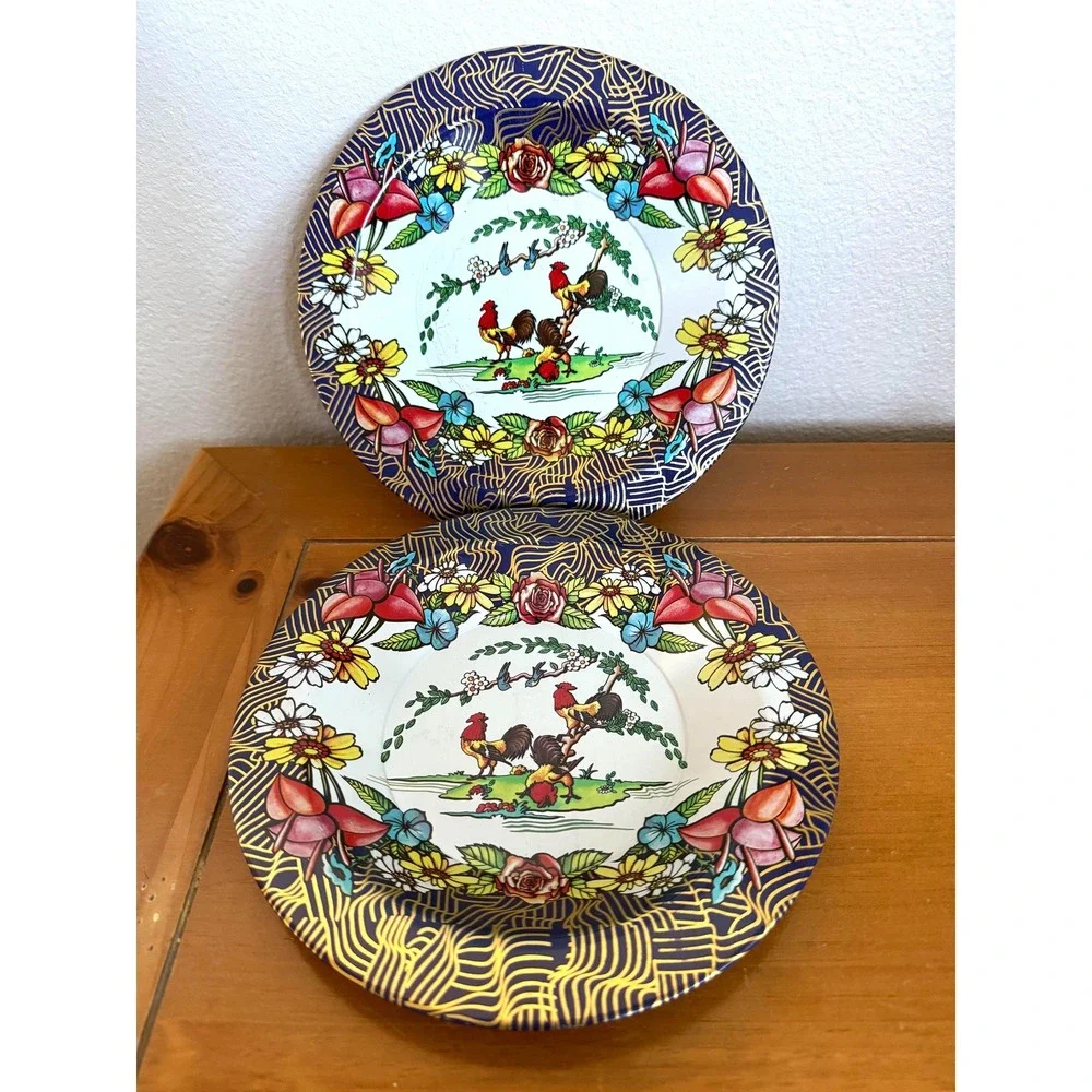 Vintage Action Industries Brazil‎ Rooster Floral Tin Plates 9 in Lot-2 Farmhouse